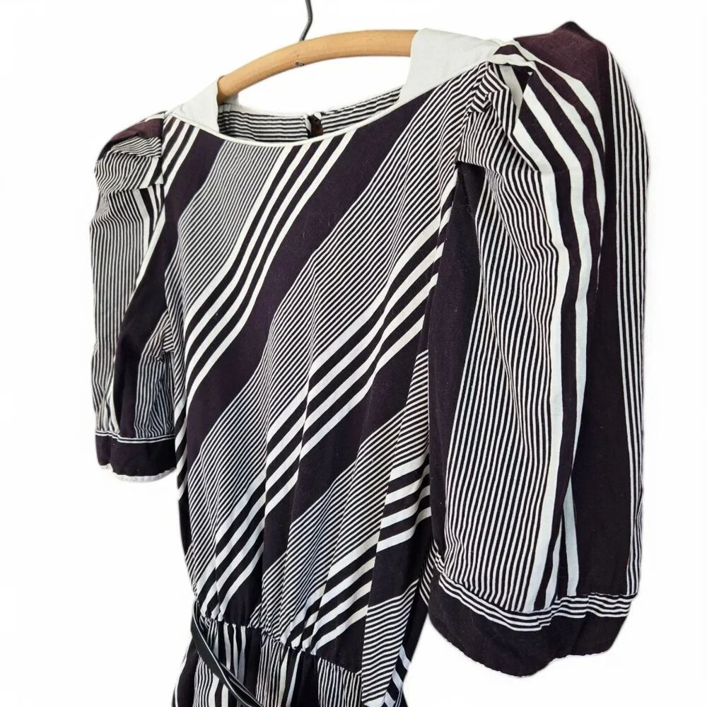 Vintage Brown & White Striped Midi Dress | Handmade 1980s Elastic Waist - Picture 13 of 16